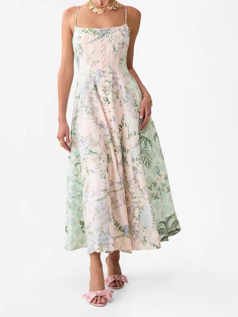 Camilla Delicate Floral Maxi Dress in Soft Pink and Sage size M